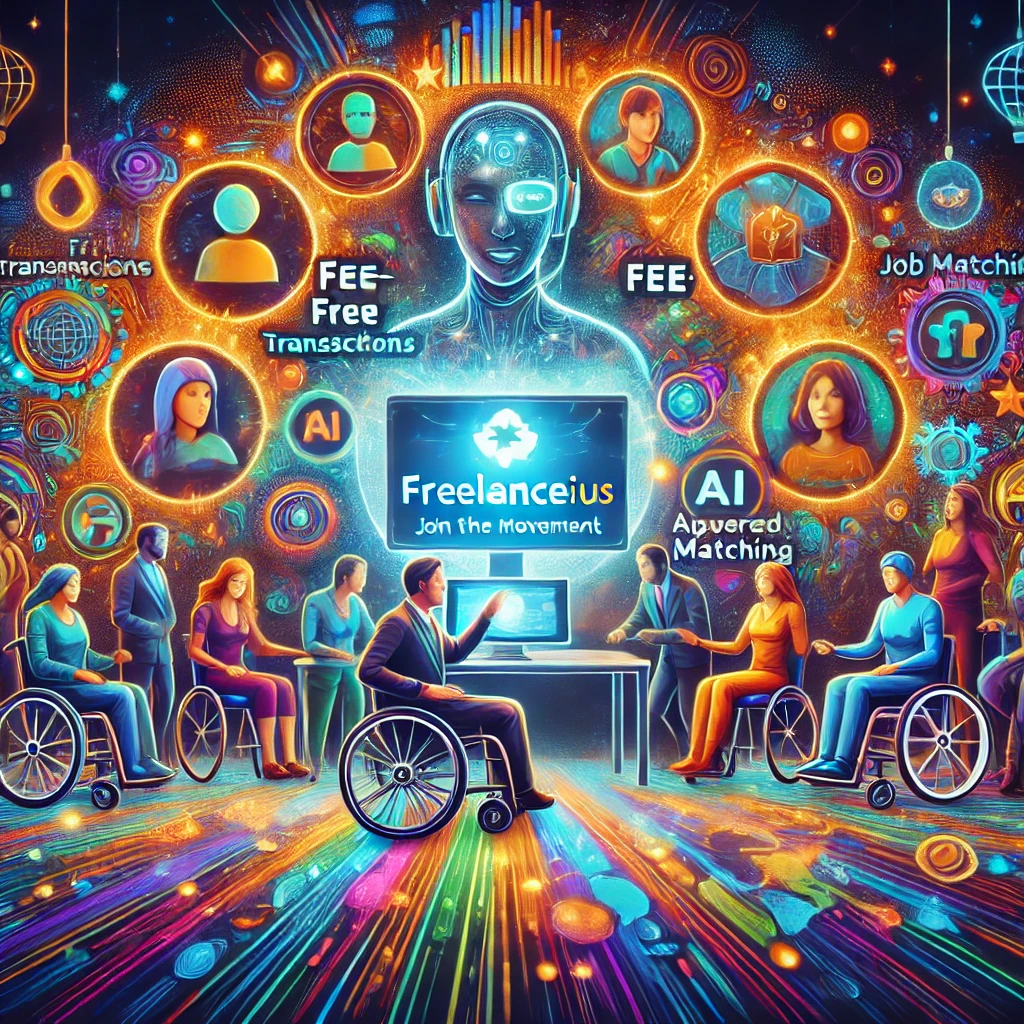 A vibrant and inclusive digital illustration depicting a diverse group of disabled freelancers—some using wheelchairs, others with guide dogs, prosthetics, or assistive devices—connected through a glowing digital network. At the center, a large screen displays the Freelancein.us logo alongside a friendly AI assistant. Surrounding the screen are icons representing fee-free transactions, AI-powered job matching, and accessibility tools. The background features a globe symbolizing global opportunities, while a banner invites viewers to 'Join the Movement.' The scene is filled with bright colors and an uplifting atmosphere, promoting inclusivity, empowerment, and equal opportunities in the freelance world.